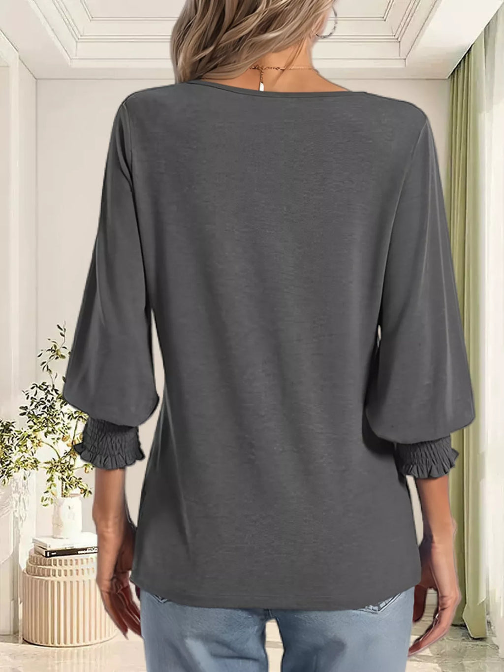 Full Size Notched 3/4 Sleeve Top Plus Size