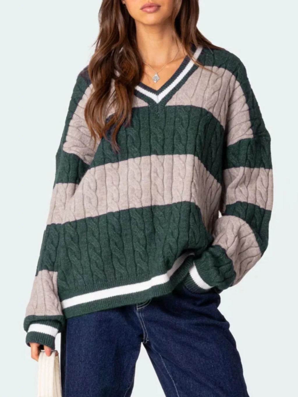 Striped Cable Knit V-Neck Sweater