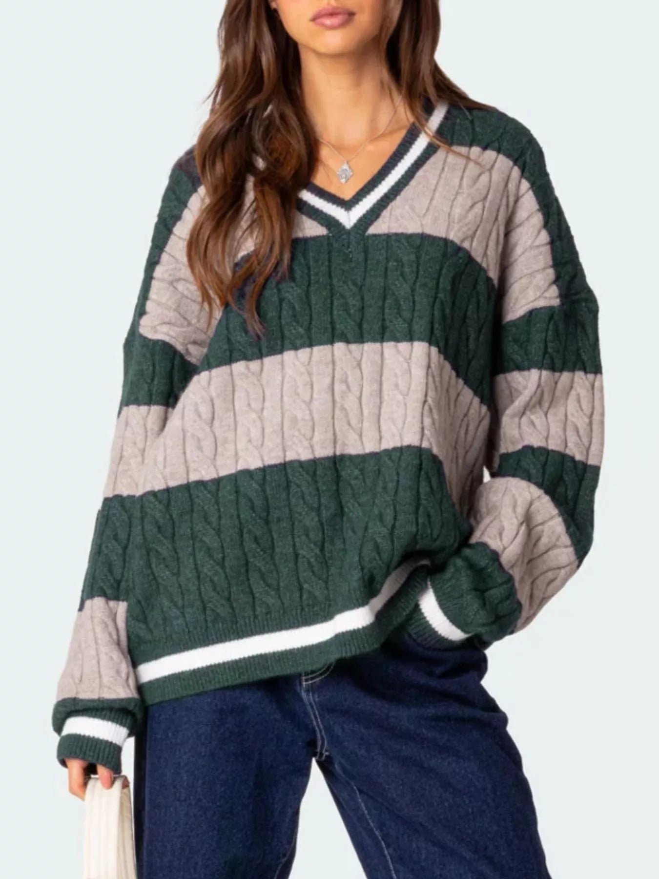 Striped Cable Knit V-Neck Sweater