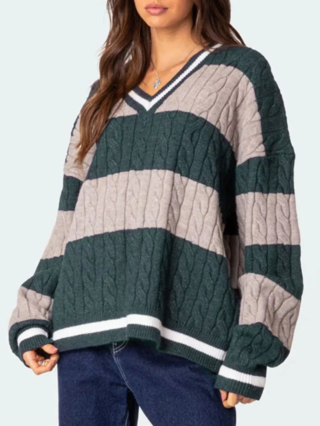 Striped Cable Knit V-Neck Sweater