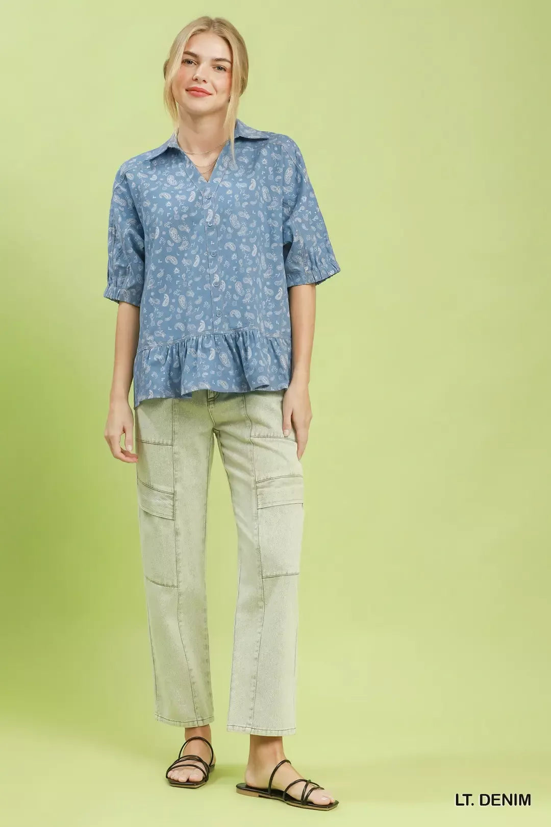 Umgee Paisley Print Chambray Top