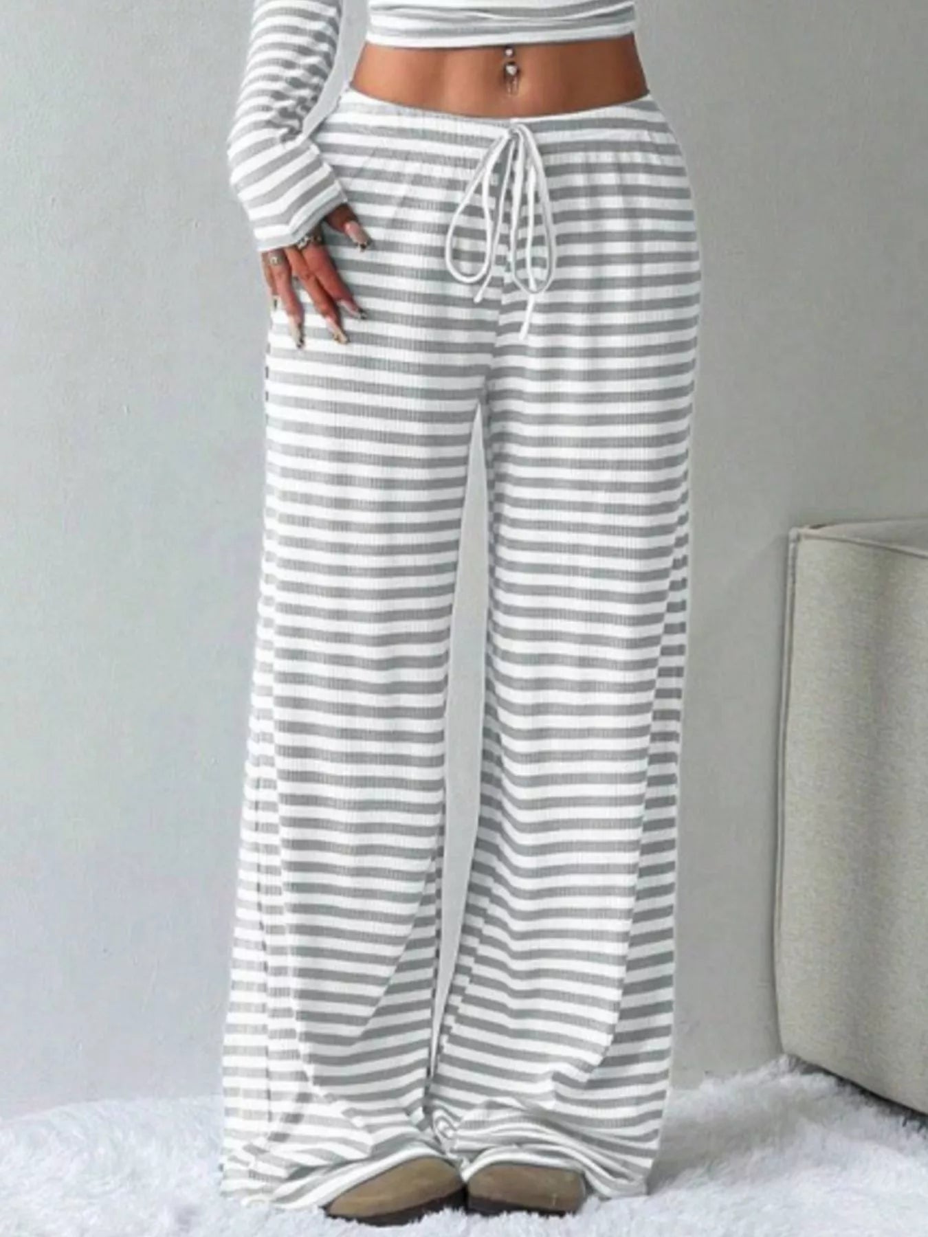 Striped Long Sleeve Crop Top and Wide Leg Pants Set
