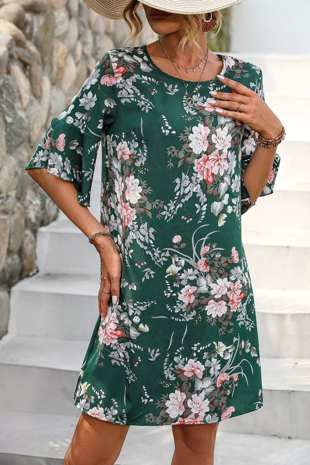 Floral Print Flounce Sleeve Casual Dress
