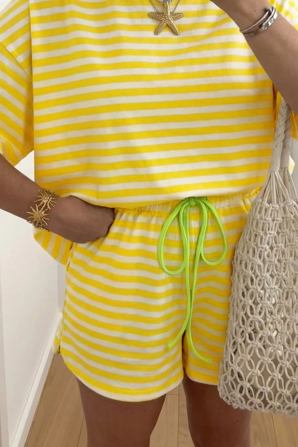 Stripe Contrast Neck Loose Tee and Drawstring Shorts Set