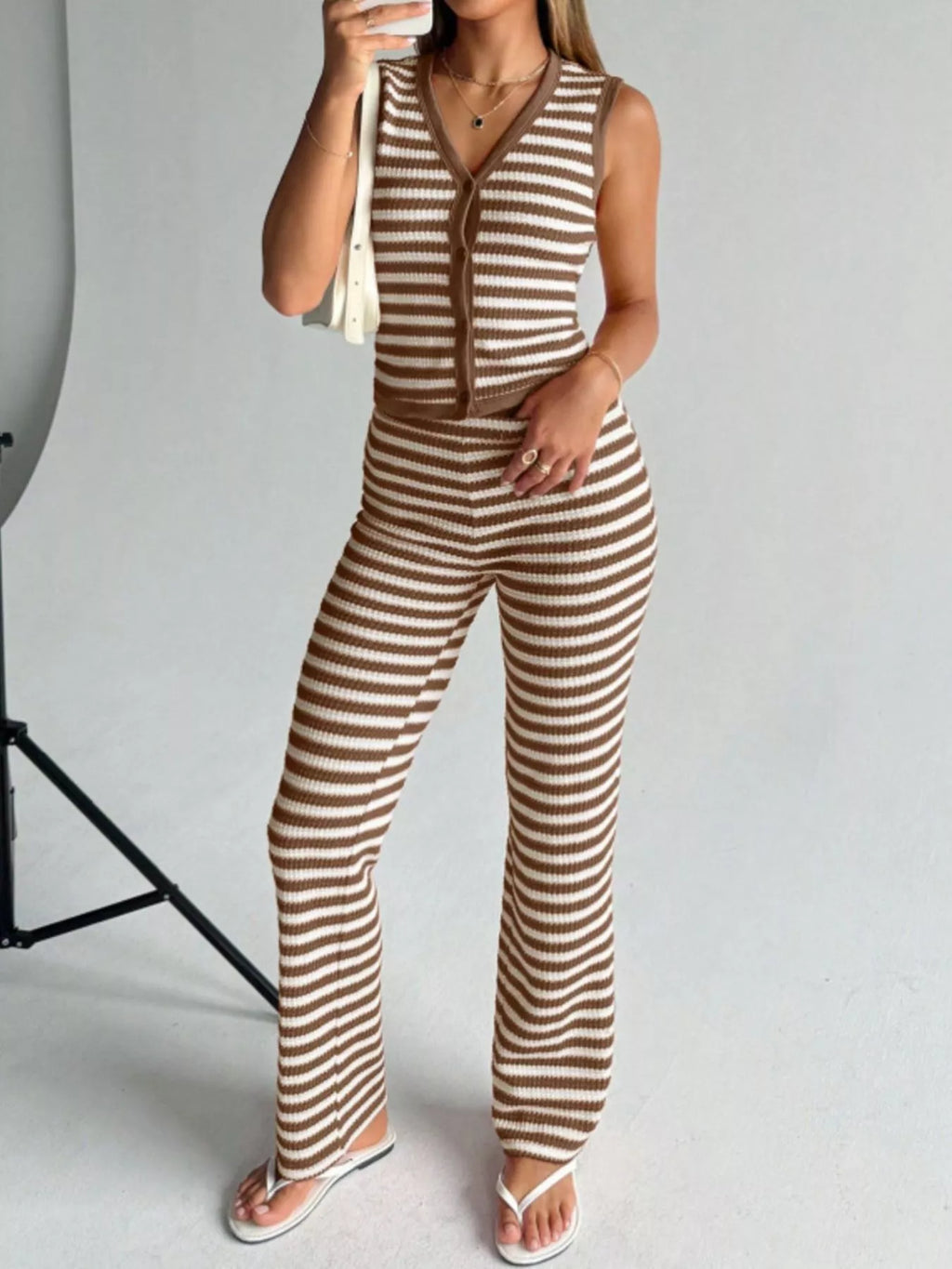 Striped Knit Sleeveless Top and Pants Set