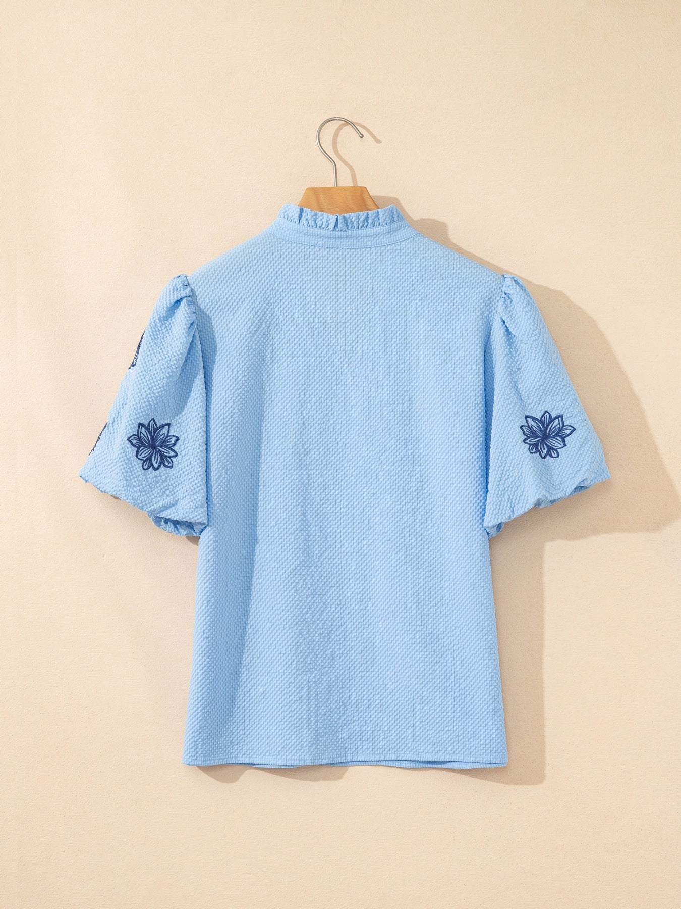 Flower Embroidered Puff Sleeve Split Neck Textured Blouse