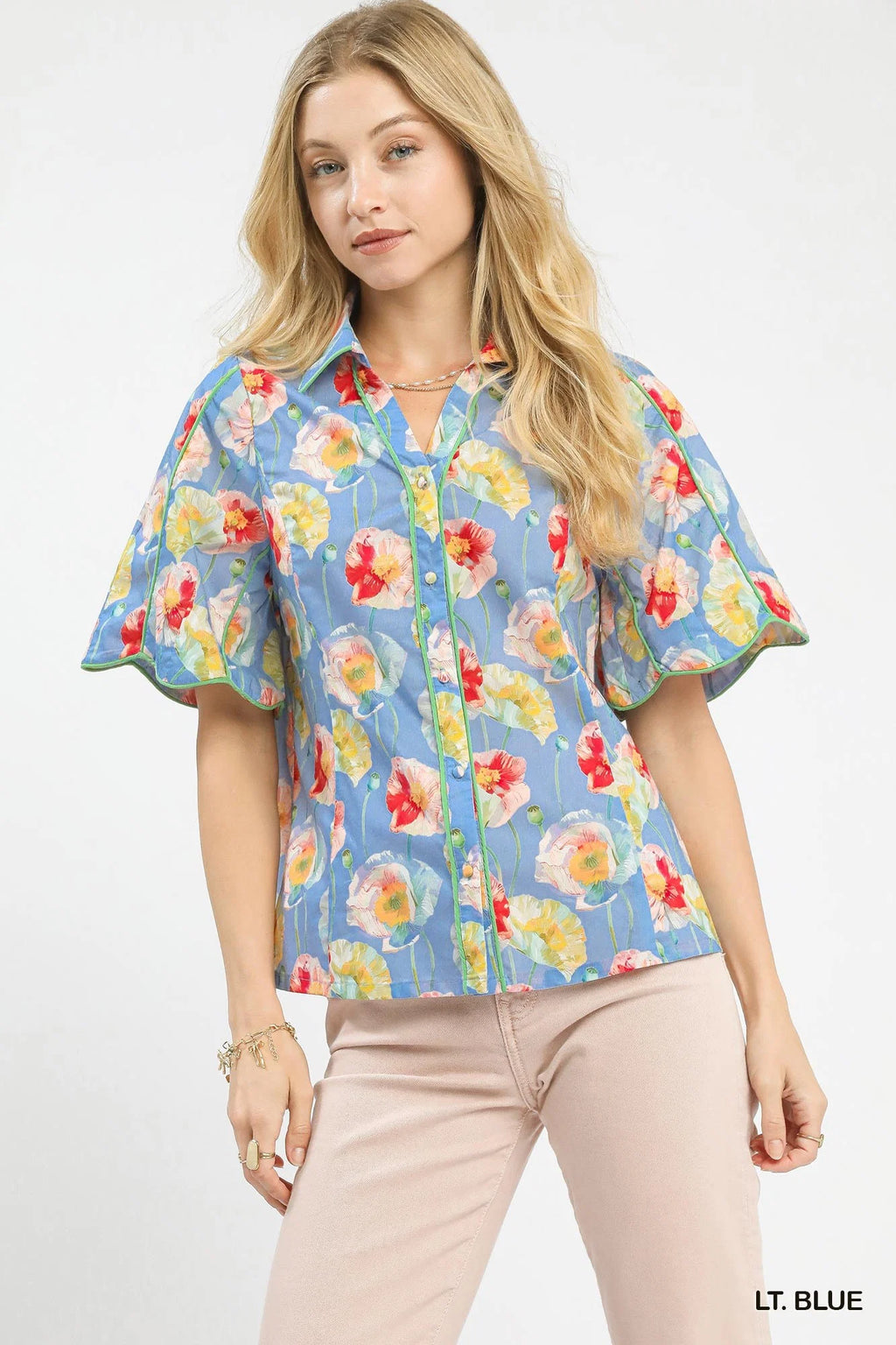 Umgee Floral Print Button-Down Blouse with Flutter Sleeves