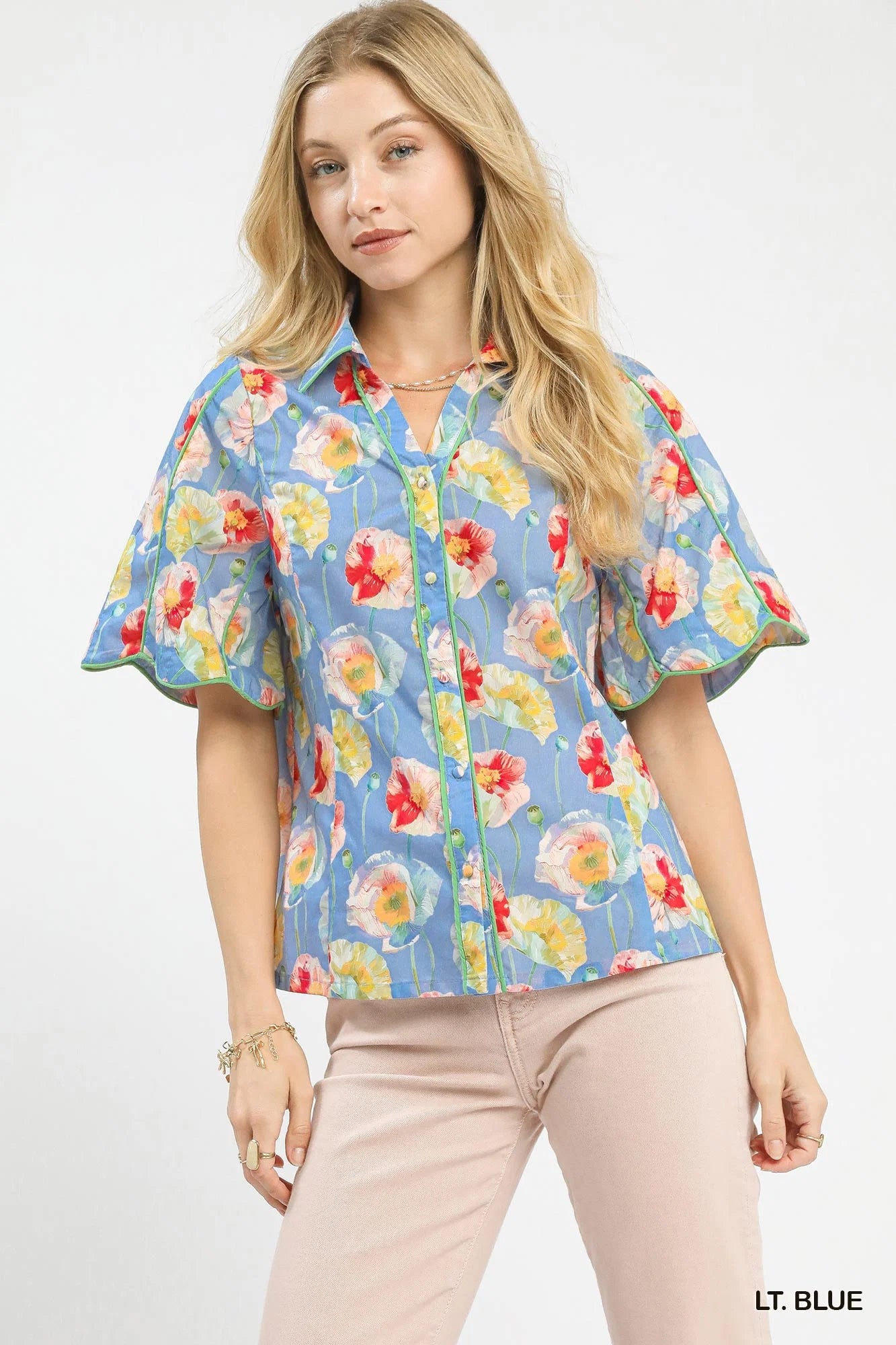 Umgee Floral Print Button-Down Blouse with Flutter Sleeves