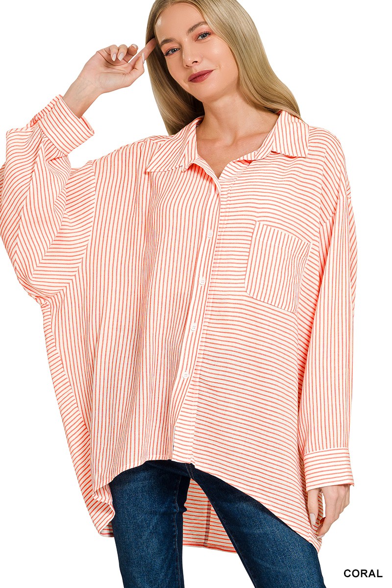 Zenana Woven Stripe Button Down Shirt