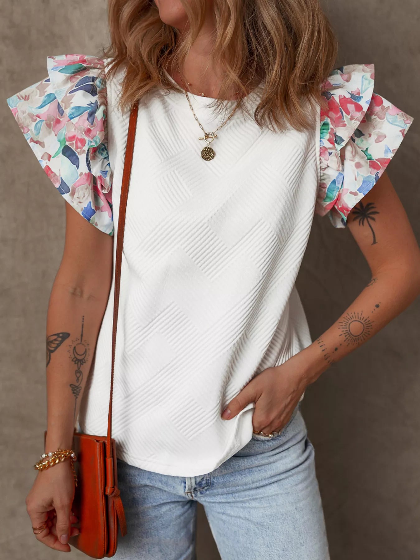 Abstract Print Tiered Ruffled Sleeve Textured Knit Top
