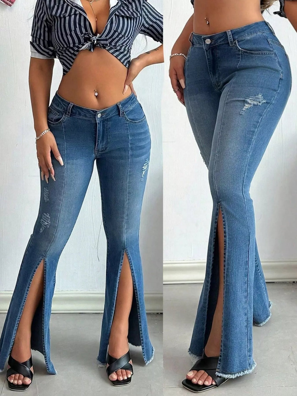 Distressed Slit Flare Jeans