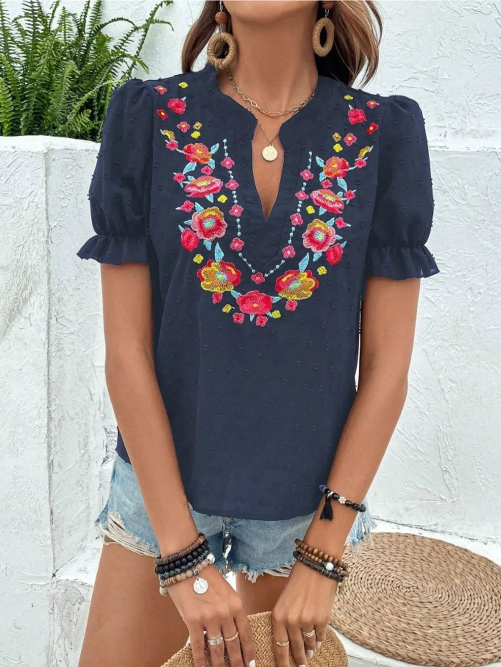 Floral Embroidered Puff Sleeve Blouse