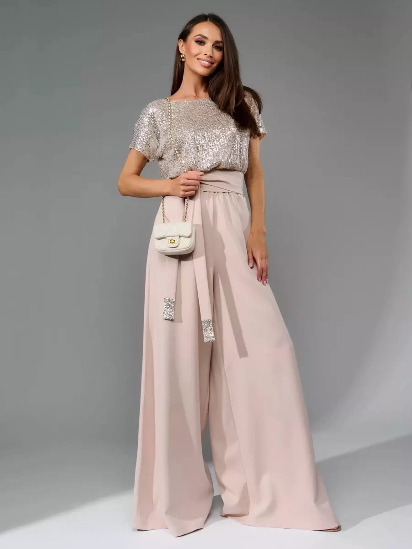 Full Size Sequin Short Sleeve Wide Leg Jumpsuit Plus Size
