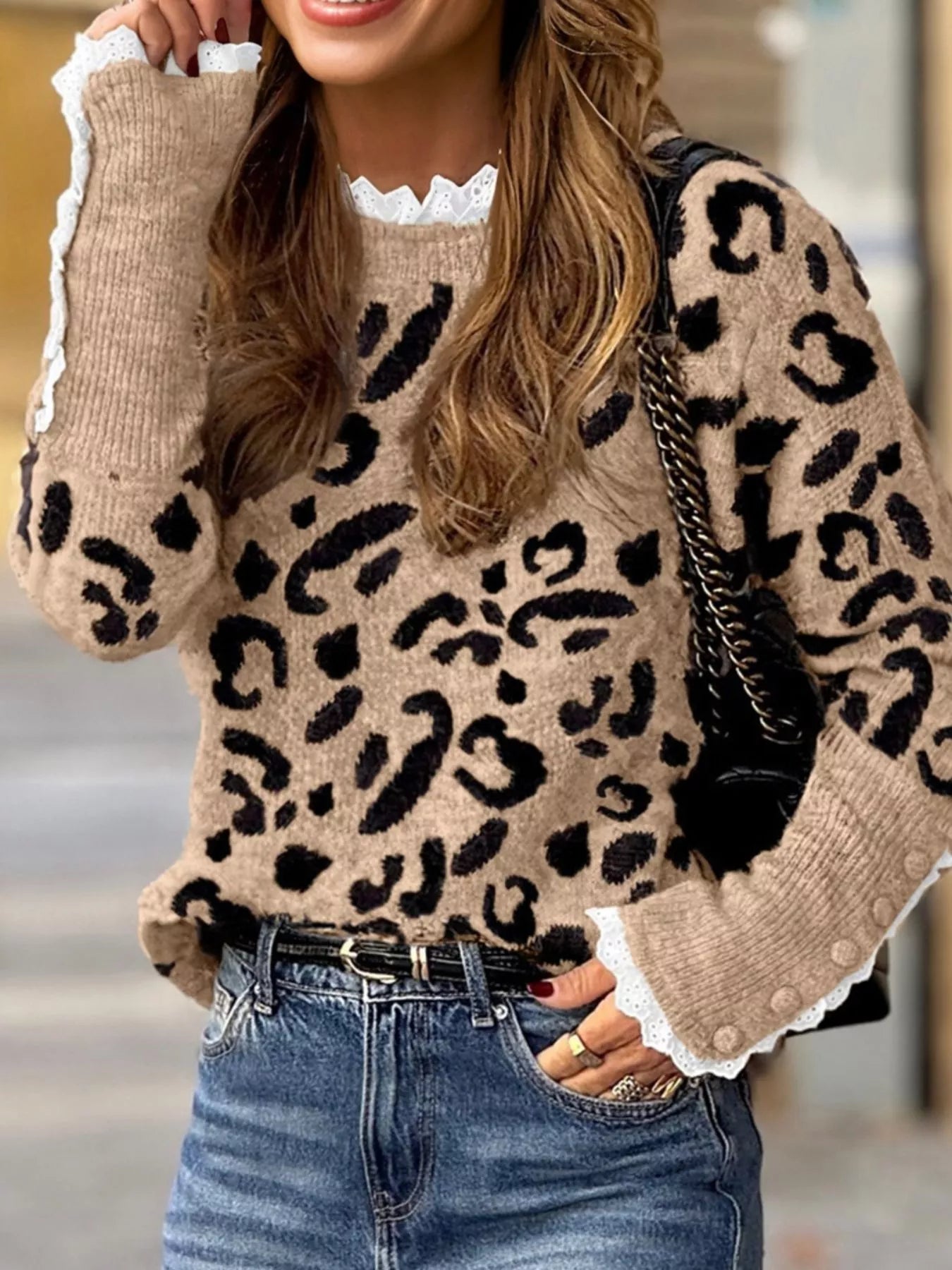 Leopard Pattern Lace Ribbed Detail Button Cuffed Sweater
