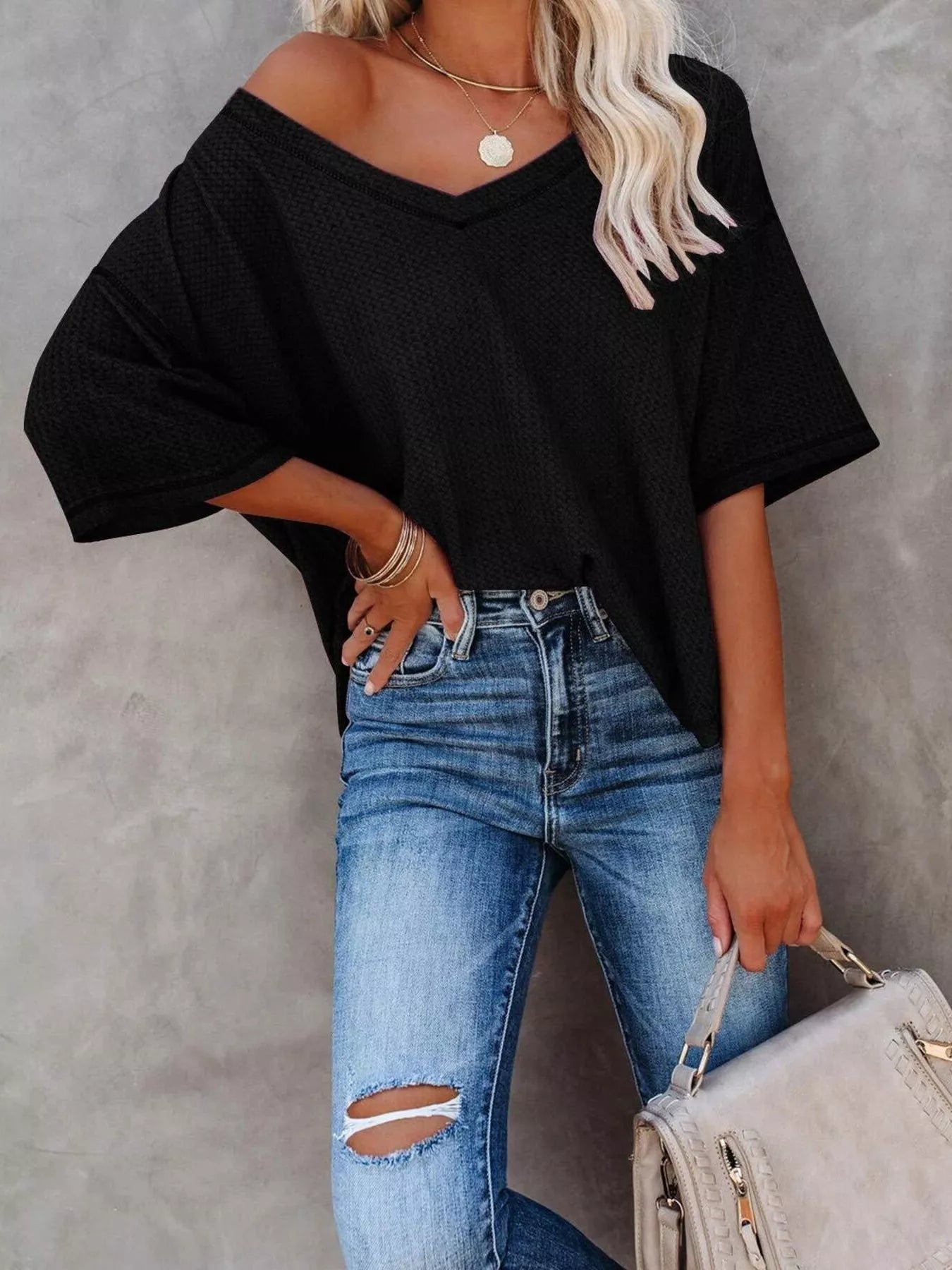 Waffle Knit V-Neck Short Sleeve T-Shirt