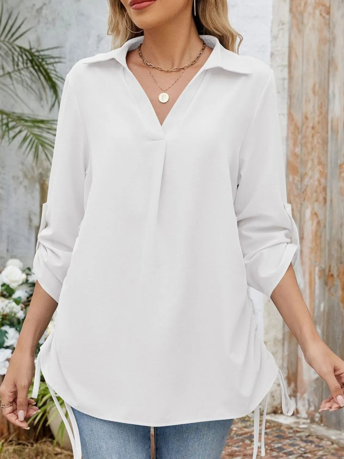 Drawstring Johnny Collared Three-Quarter Sleeve Top