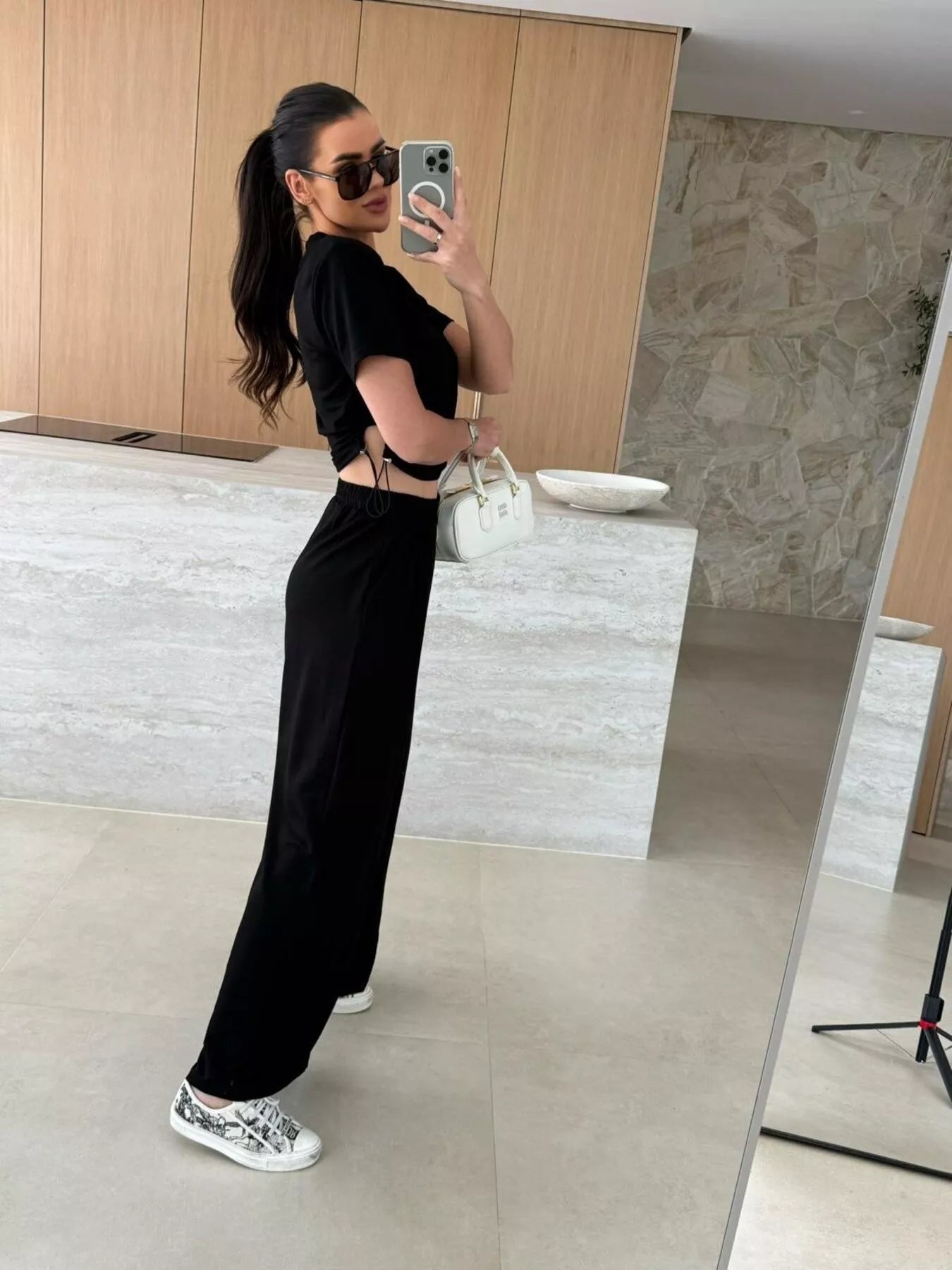 Drawstring Crop Top and Wide-Leg Pants Set