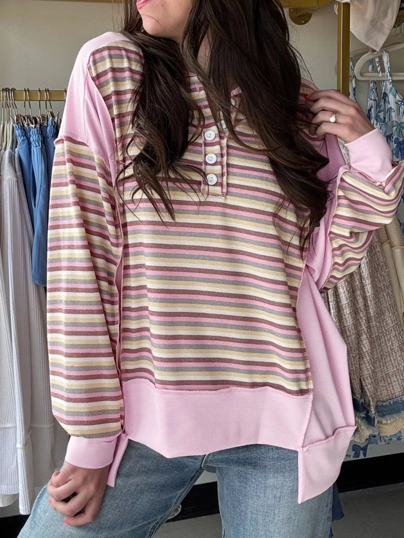 Exposed Seam Color Block Striped Patchwork Loose Henley Sweatshirt