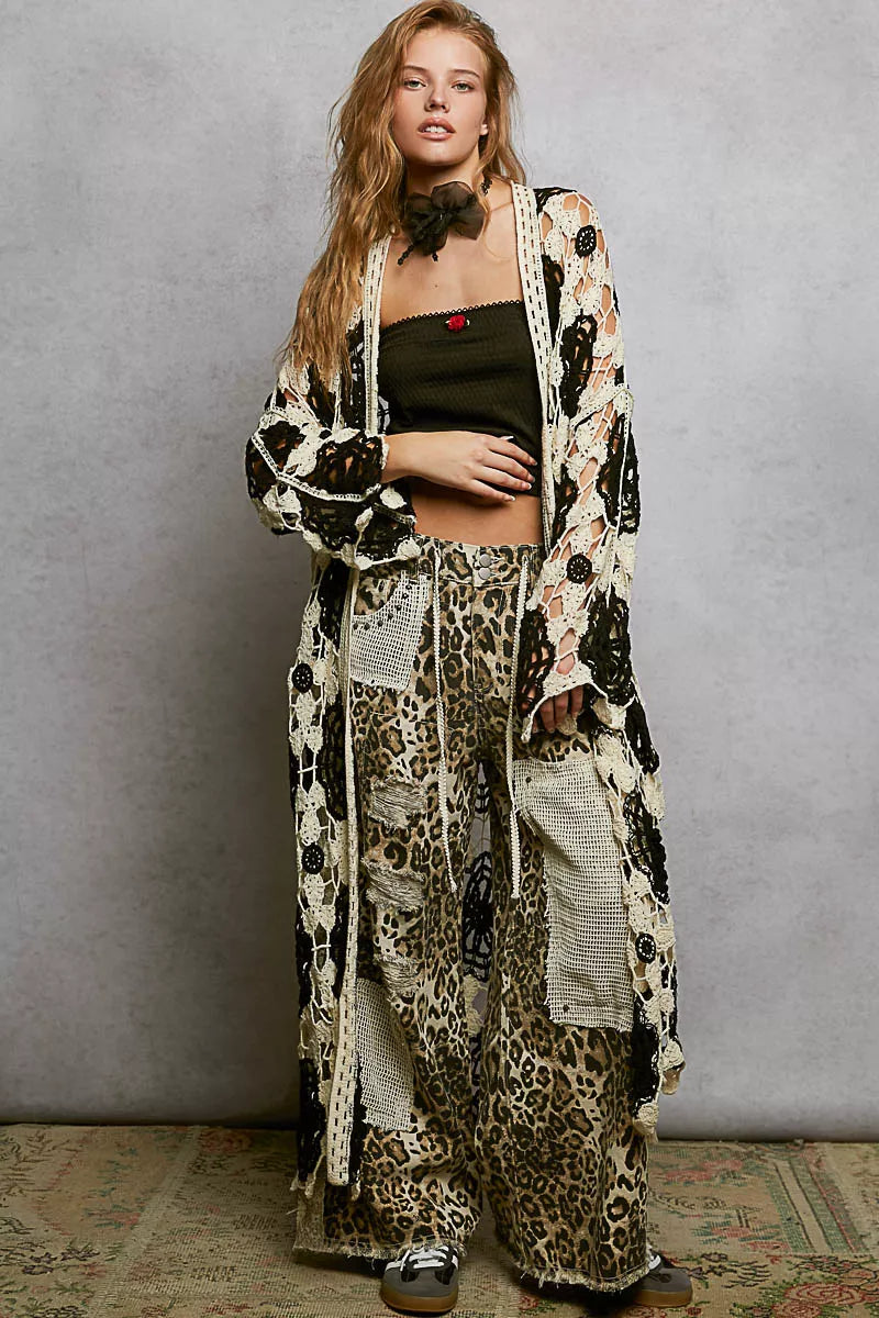 POL Open Front Crochet Longline Cardigan
