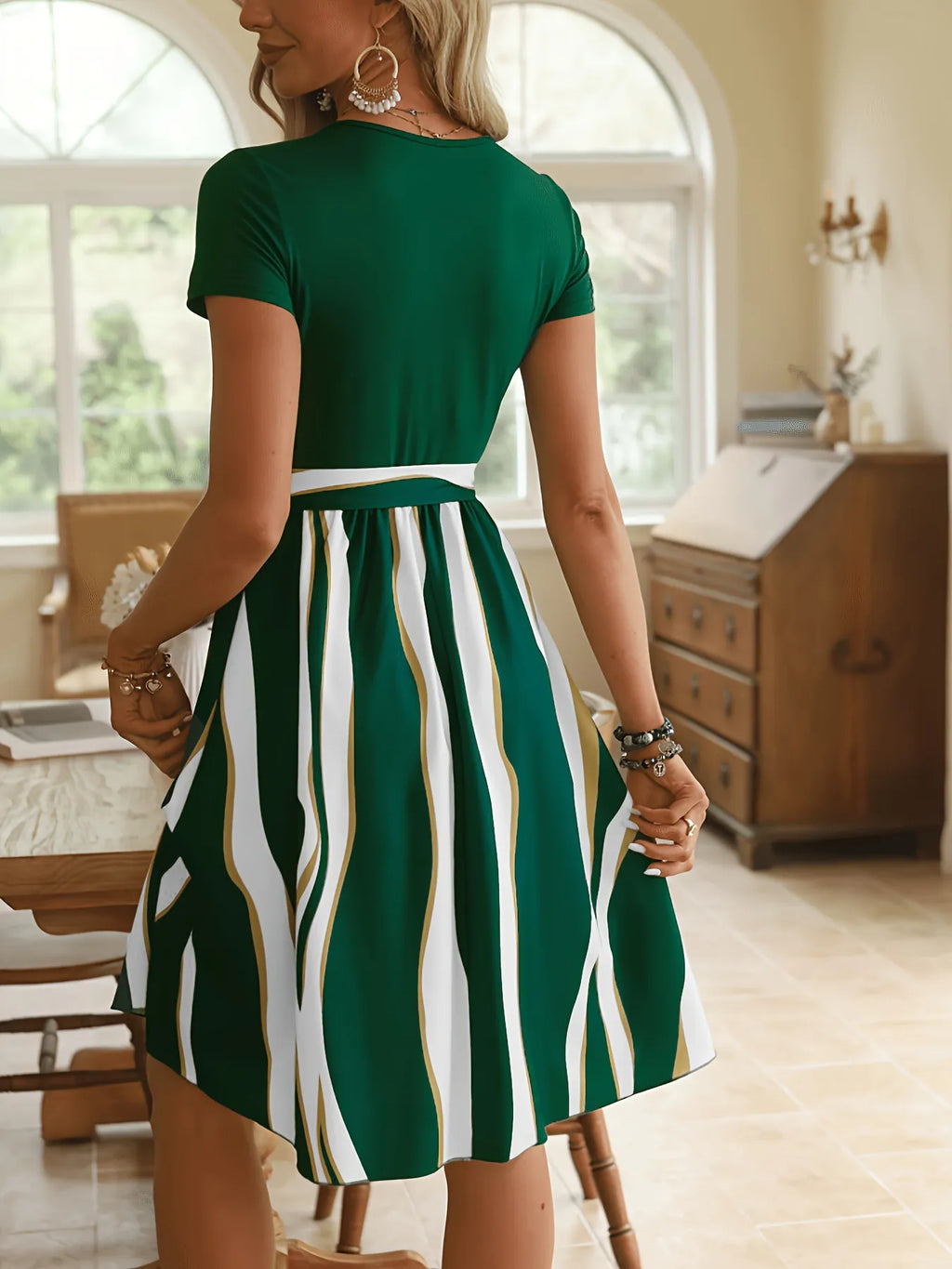 Striped Short Sleeve Tie Waist Dress
