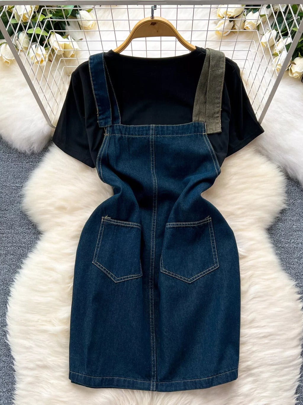 Short Sleeve T-Shirt and Denim Overall Dress Set