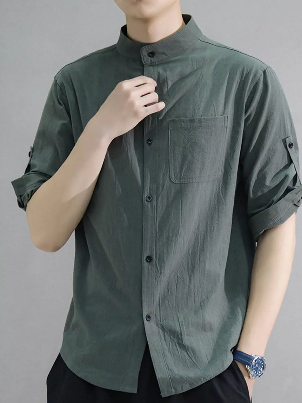 Men's Plus Size Button Up Roll-Up Sleeve Shirt