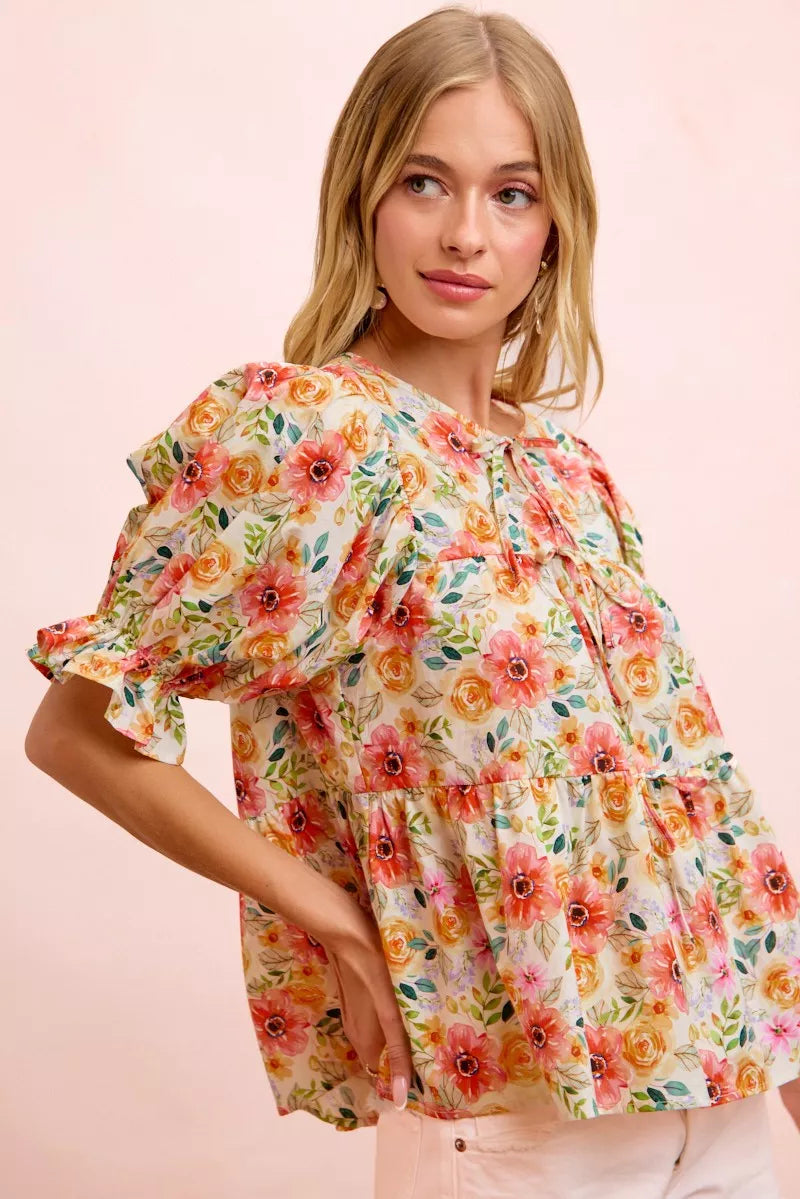 BiBi Flower Printed Shirring Detail Blouse Top