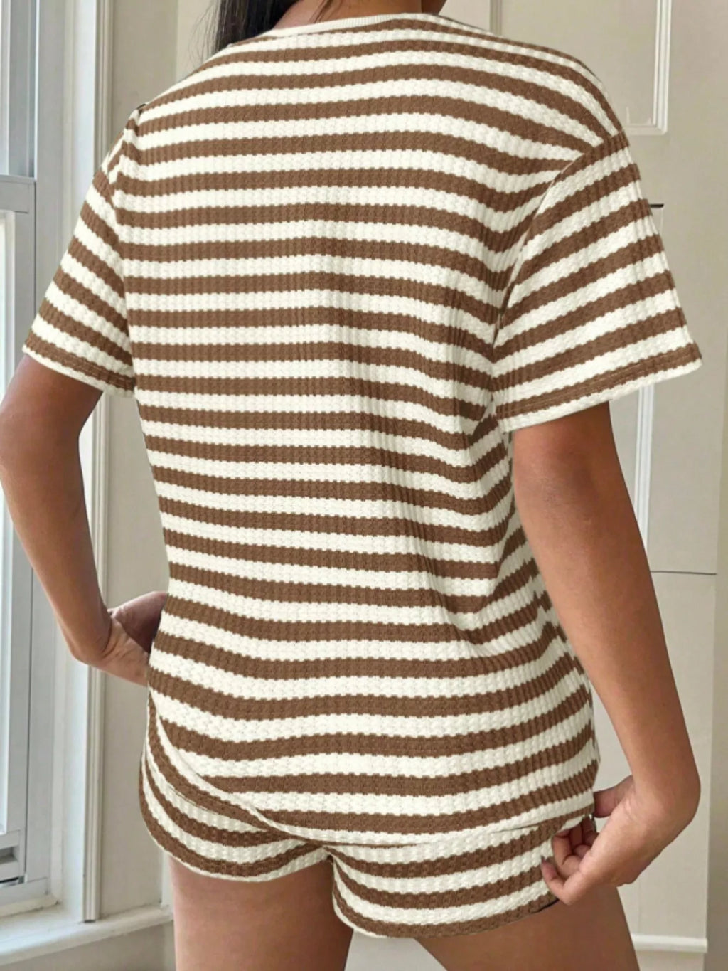 Striped Round Neck Top and Shorts Set