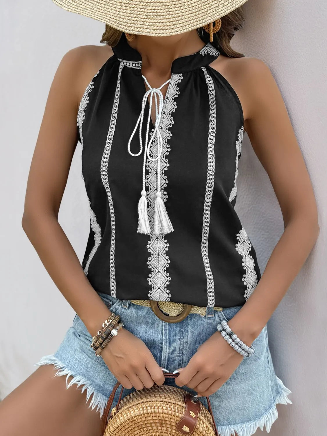Tassel Tied Embroidered Tank