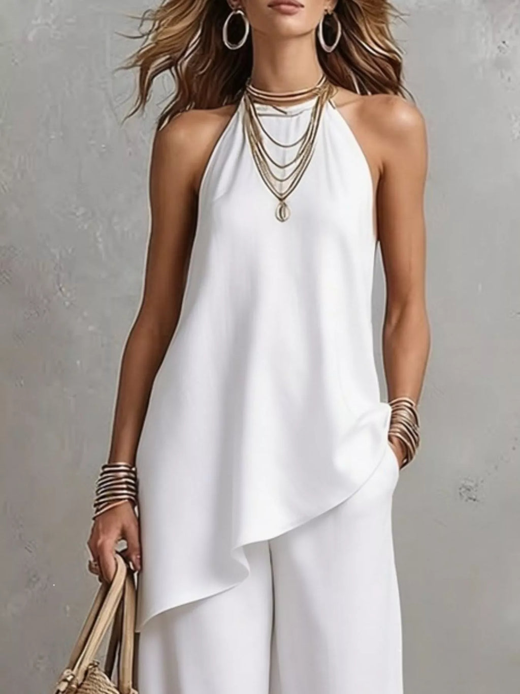 Full Size Asymmetrical Hem Cami and Wide Leg Pants Set Plus Size