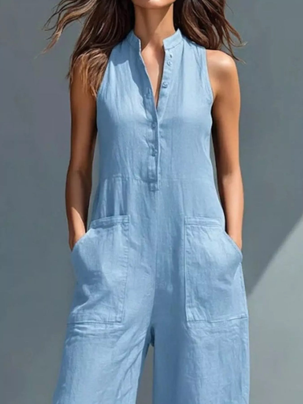Full Size Button Front Sleeveless Jumpsuit Plus Size