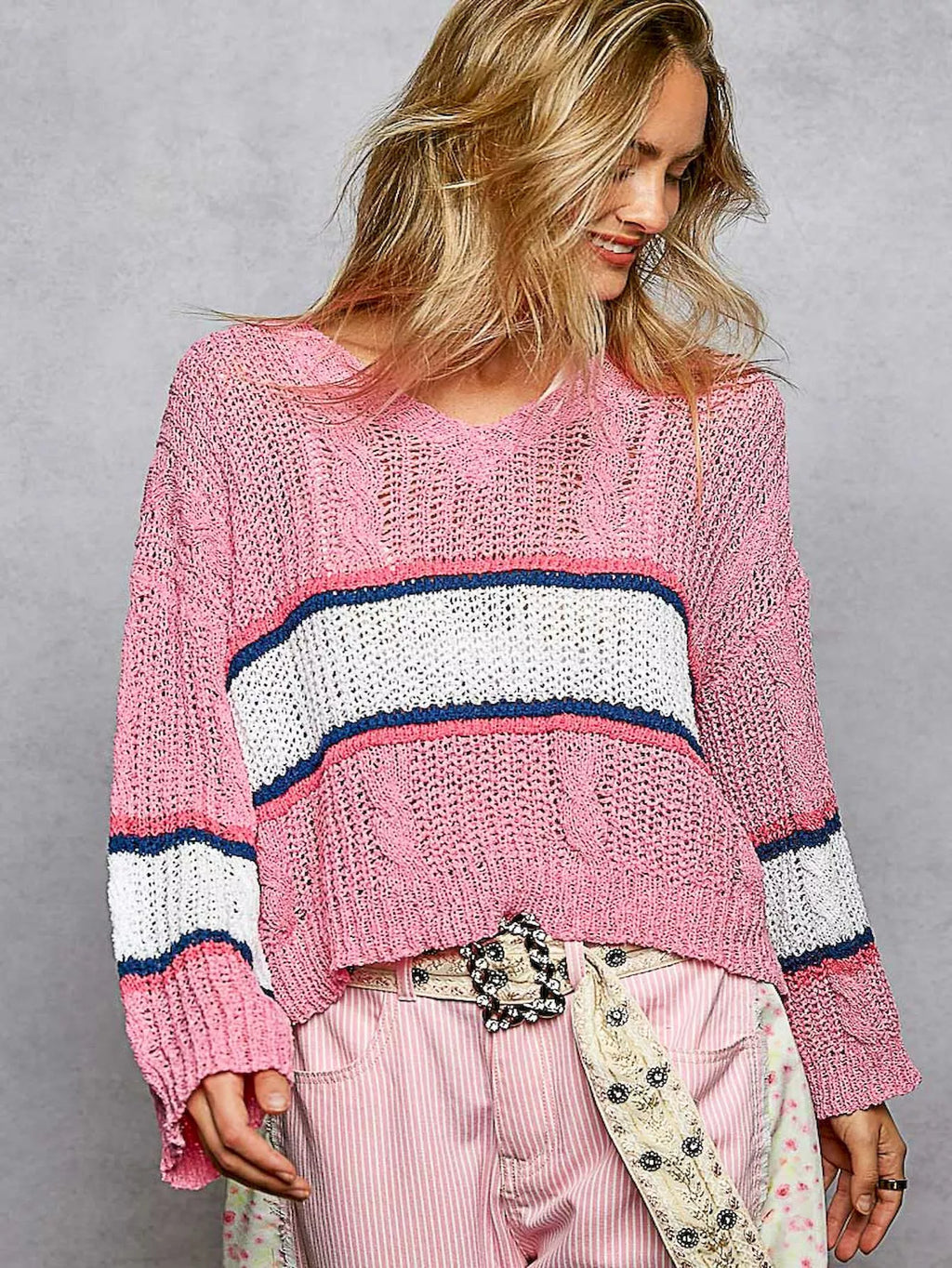 POL V-Neck Striped Pattern Cropped Knit Top with Cable Knit Detail
