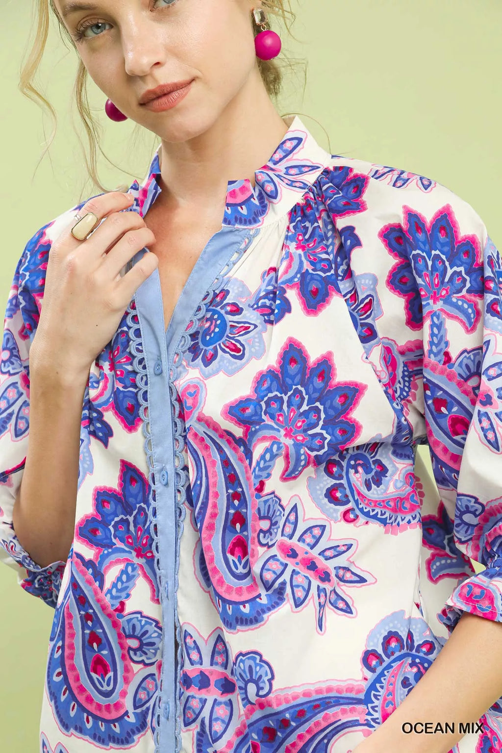 Umgee Paisley Print Button Front Blouse with Scallop Trim Detail