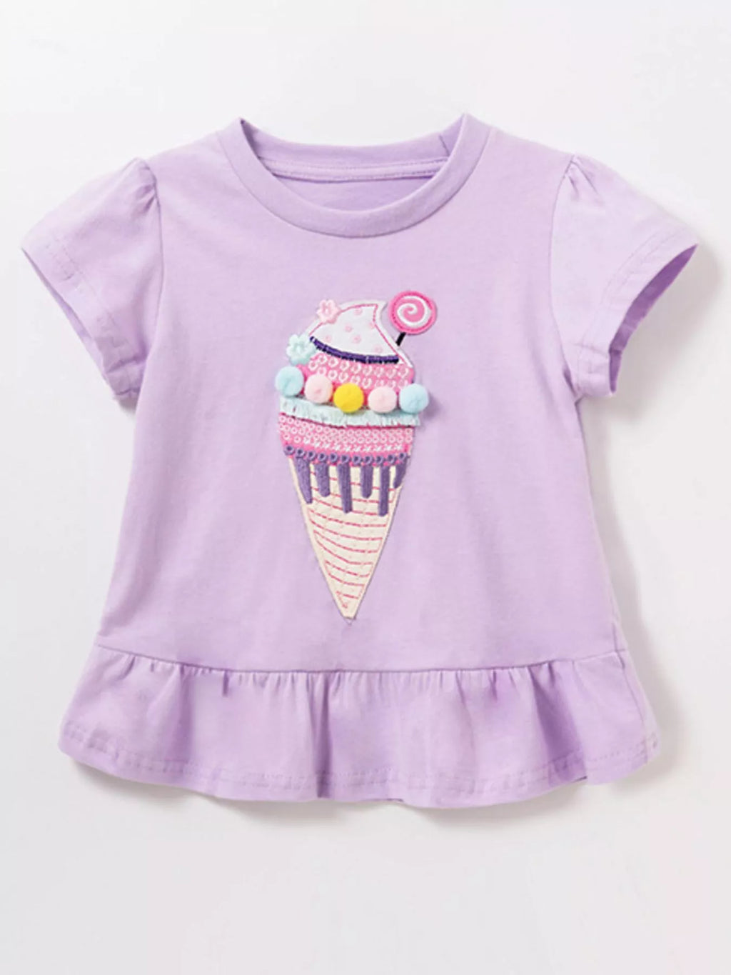 Children's Cute Ice Cream Applique Ruffle Hem T-Shirt