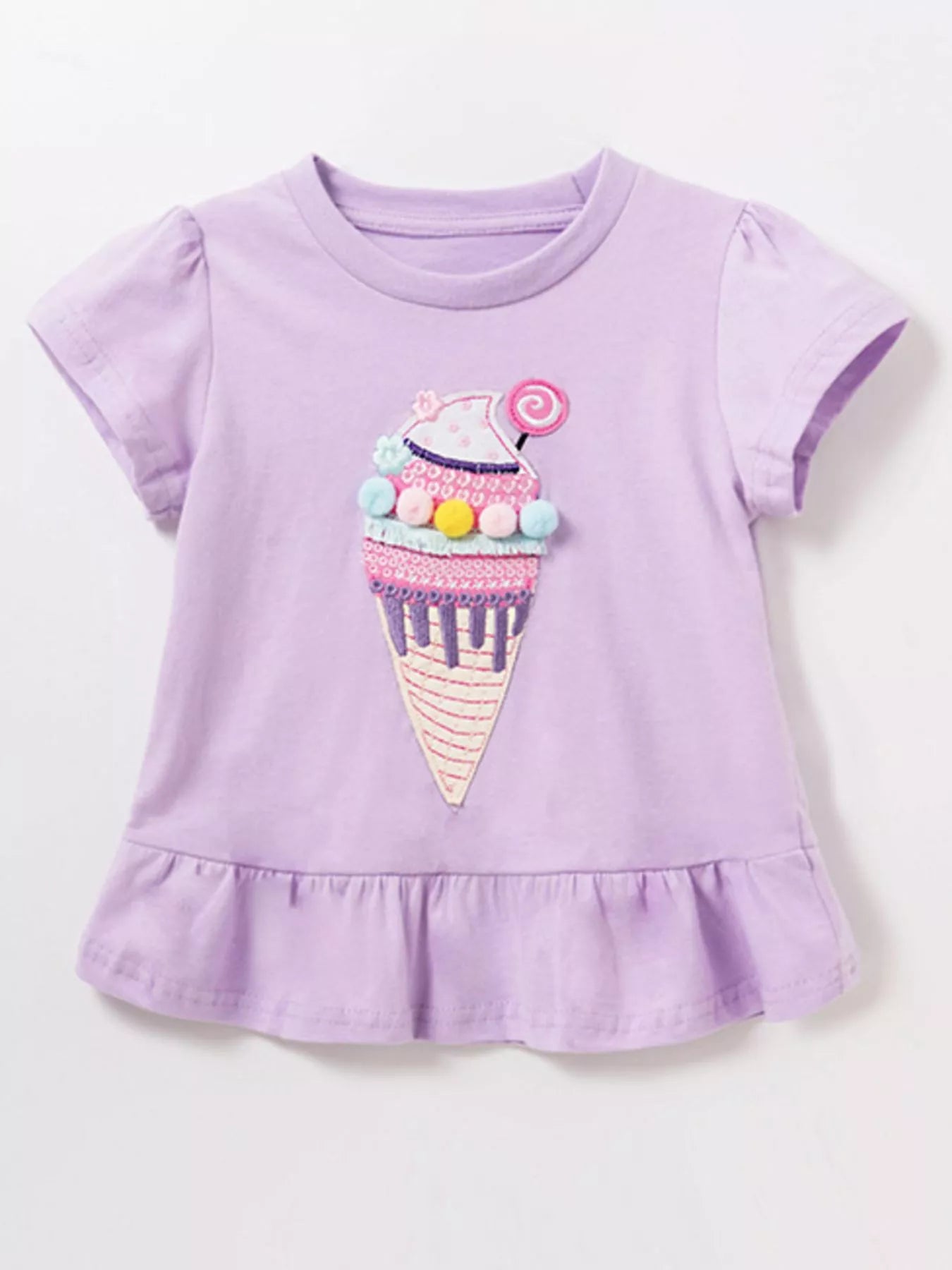 Children's Cute Ice Cream Applique Ruffle Hem T-Shirt