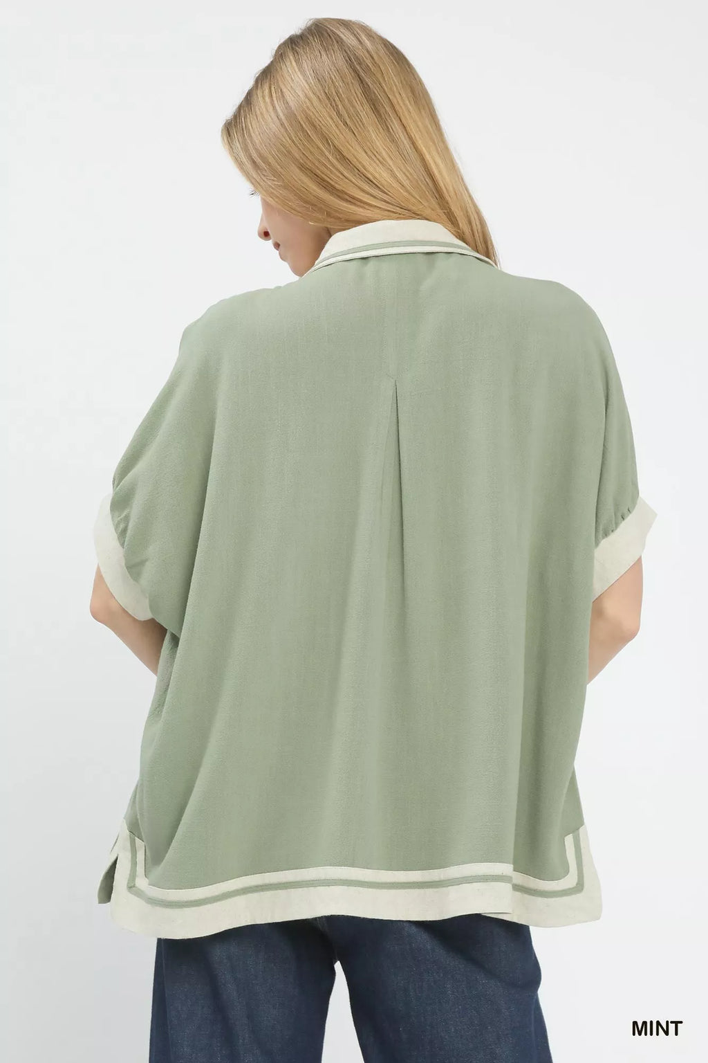 Umgee Linen Button Front Top with Contrast Piping