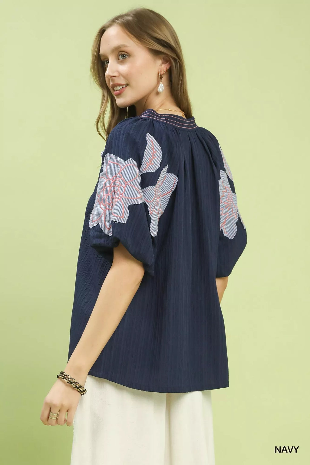 Umgee Embroidered Balloon Sleeve Notch Neck Blouse