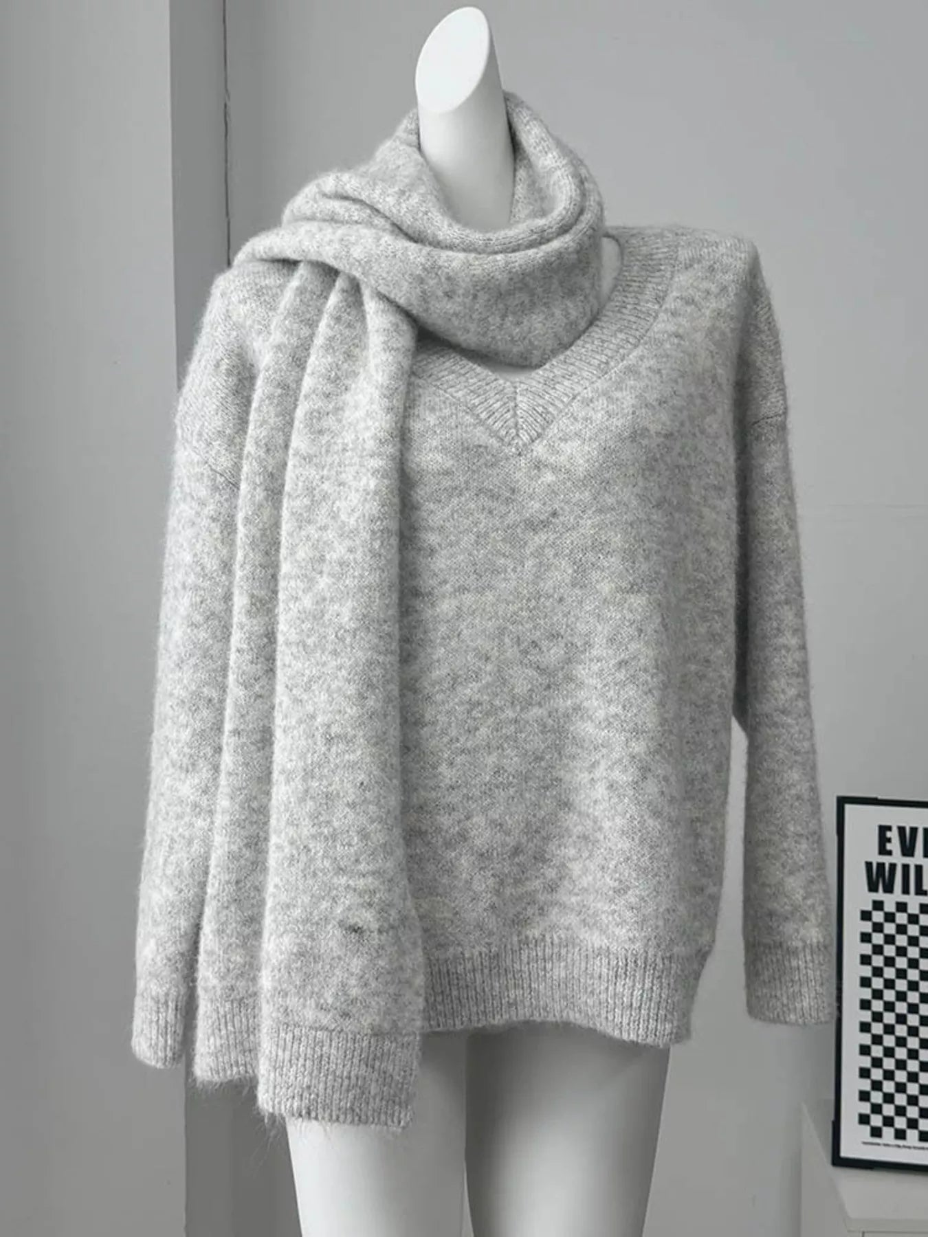 Oversized V-Neck Dropped Shoulder Sweater with Scarf