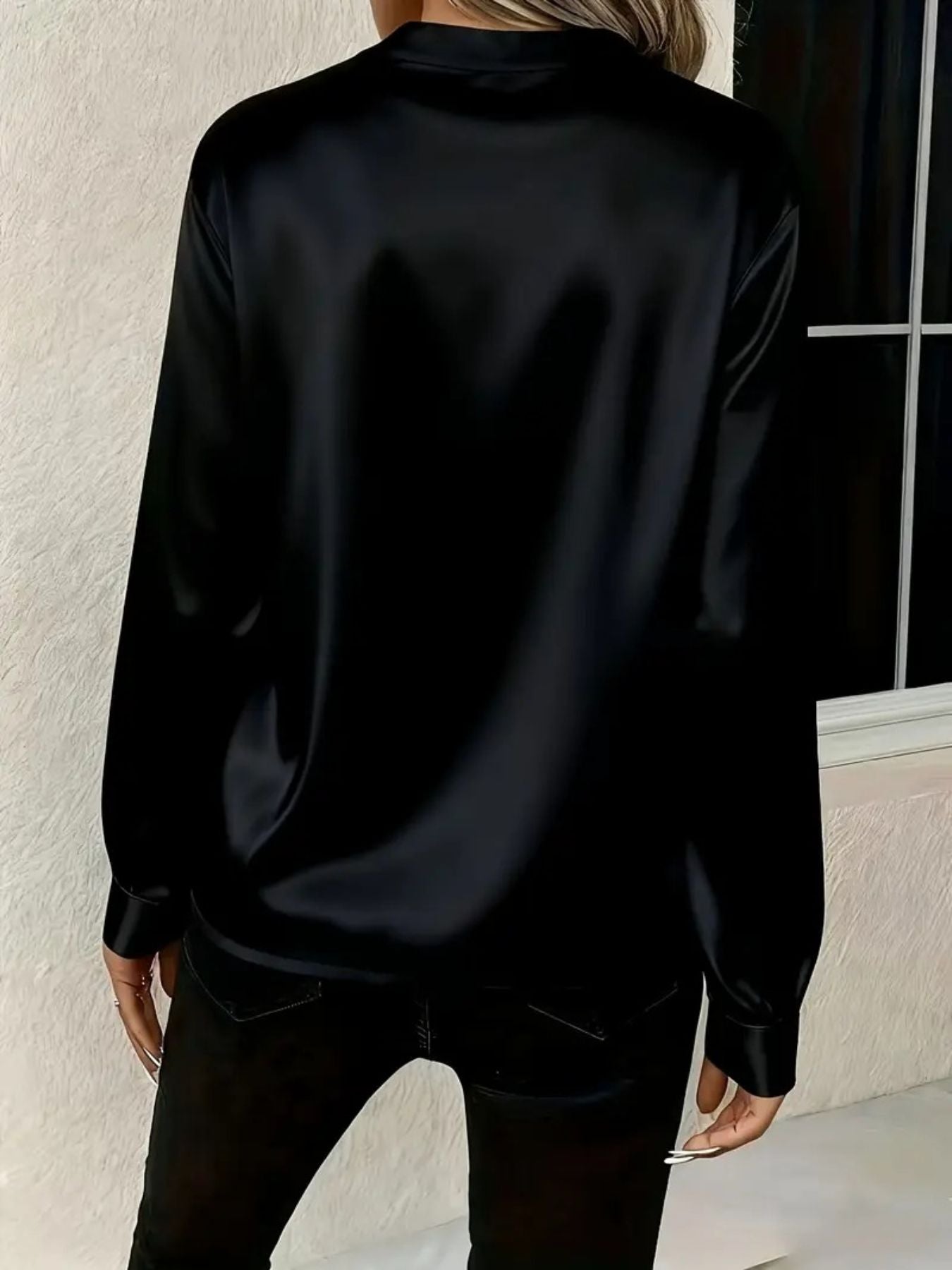 Satin Notched Long Sleeve Blouse