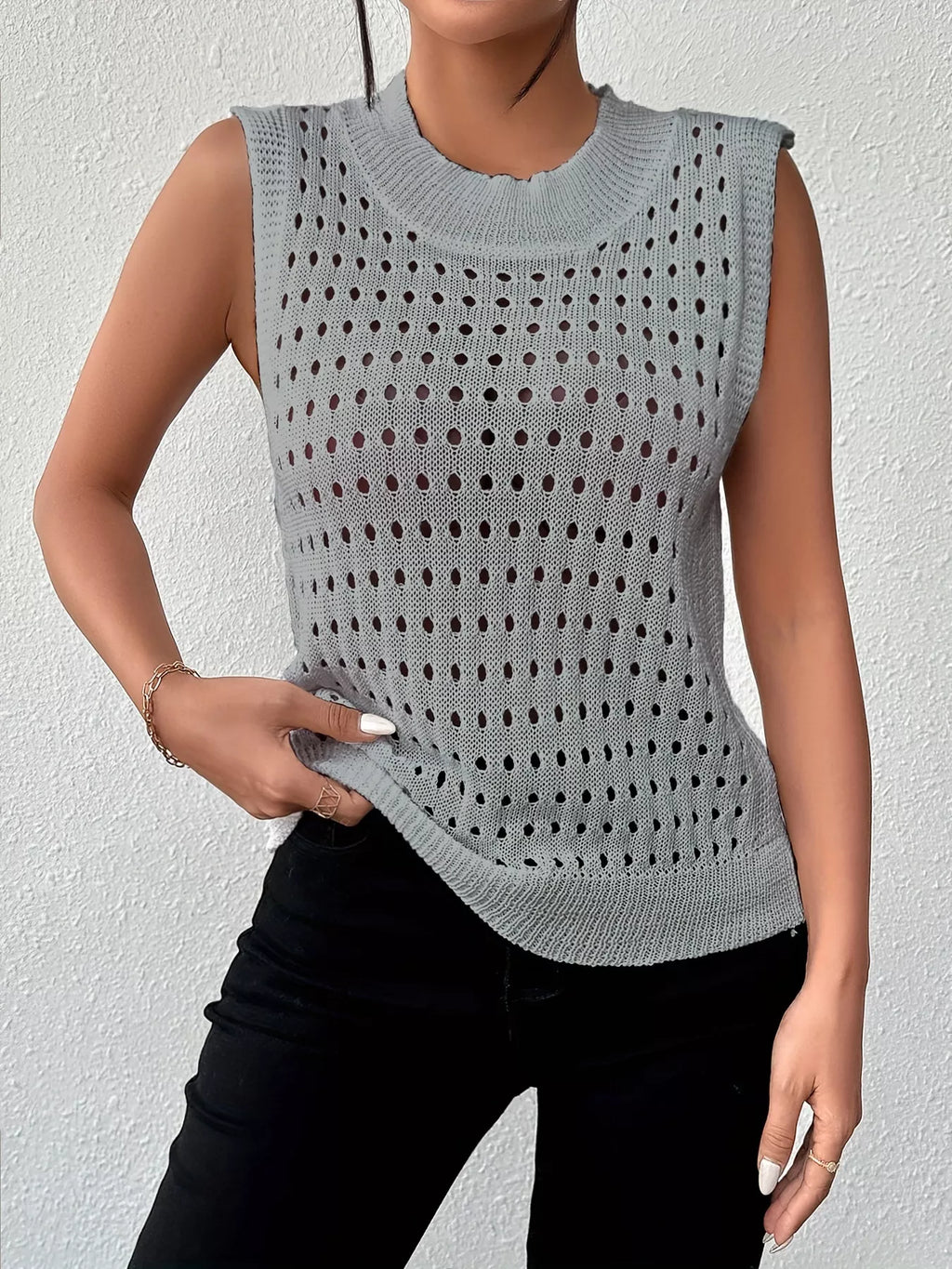 Hollow Out Round Neck Knit Tank