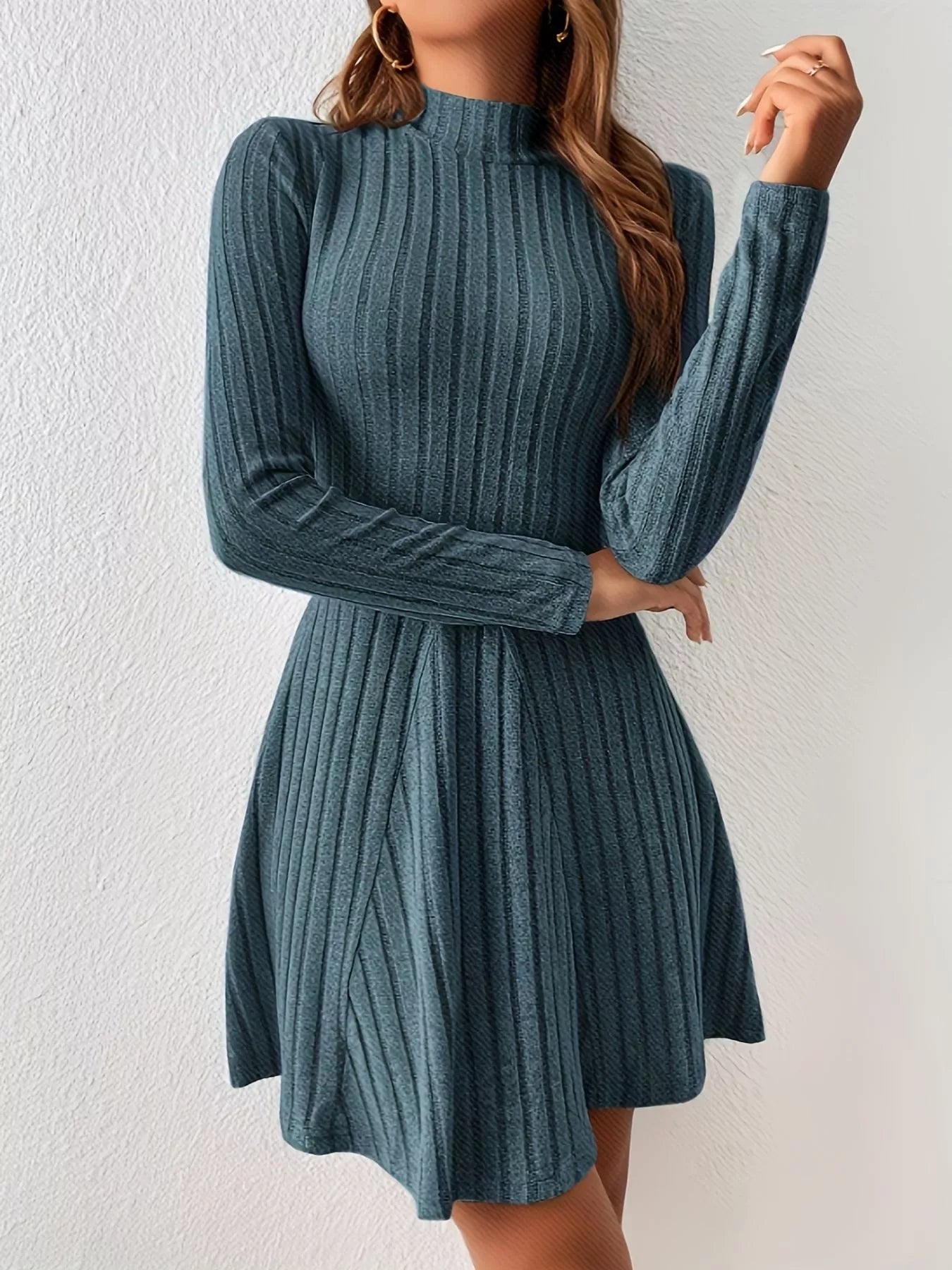Ribbed Knit Mock Neck Long Sleeve Dress