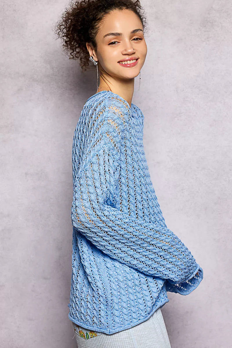 POL Openwork Round Neck Knit Top with Shiny Detail