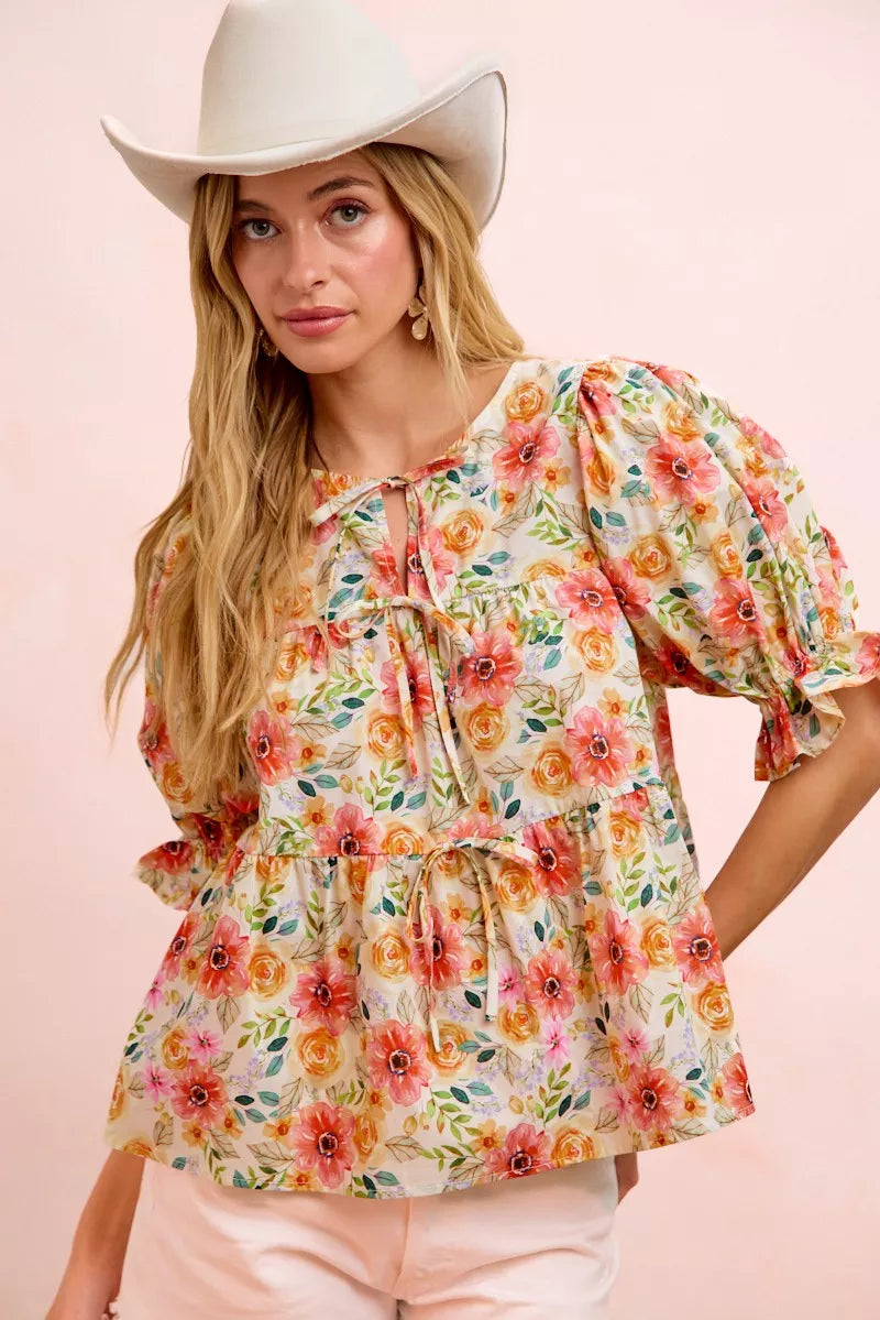 BiBi Flower Printed Shirring Detail Blouse Top