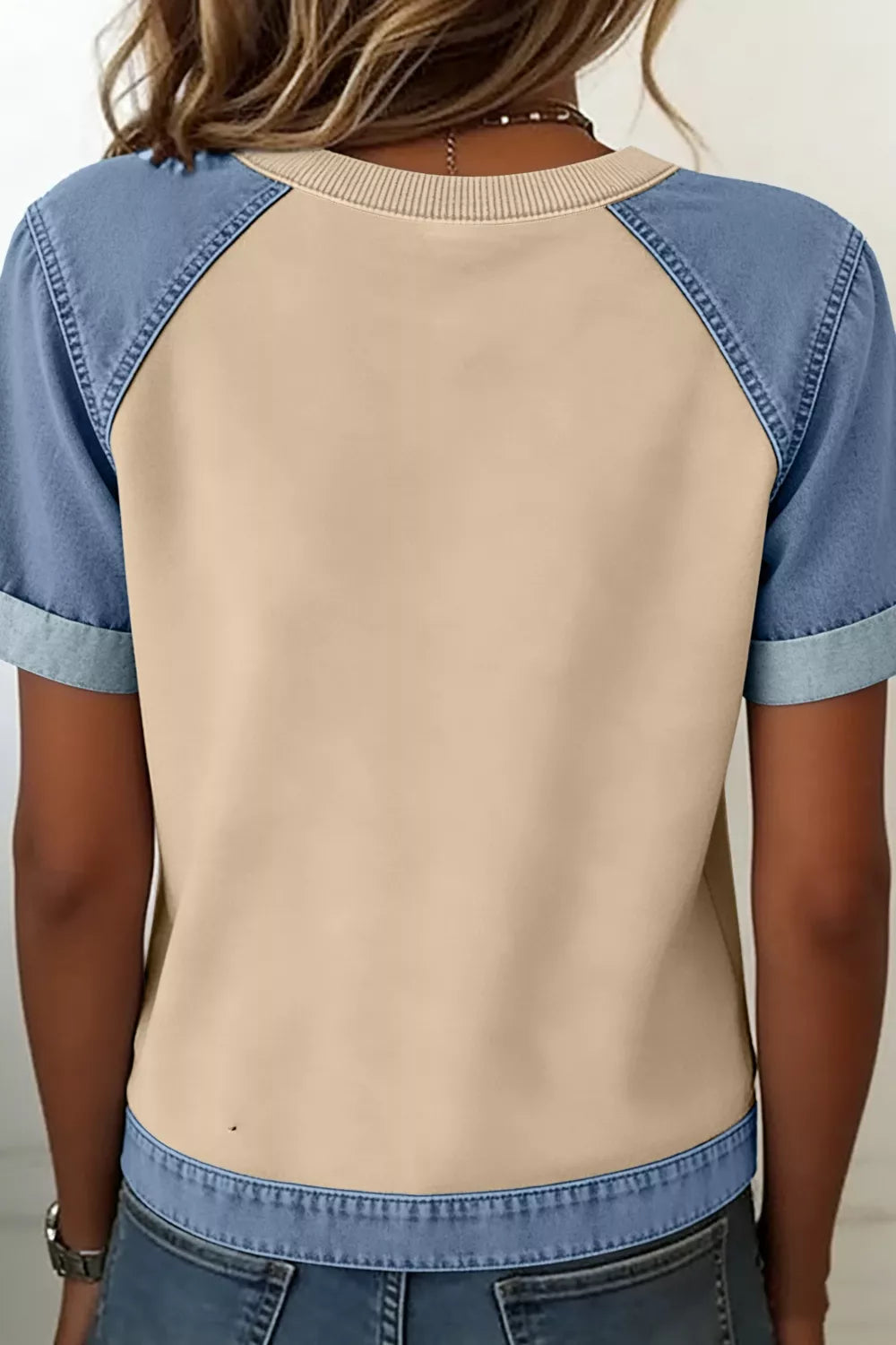 Denim Color Block Patchwork Round Neck Tee