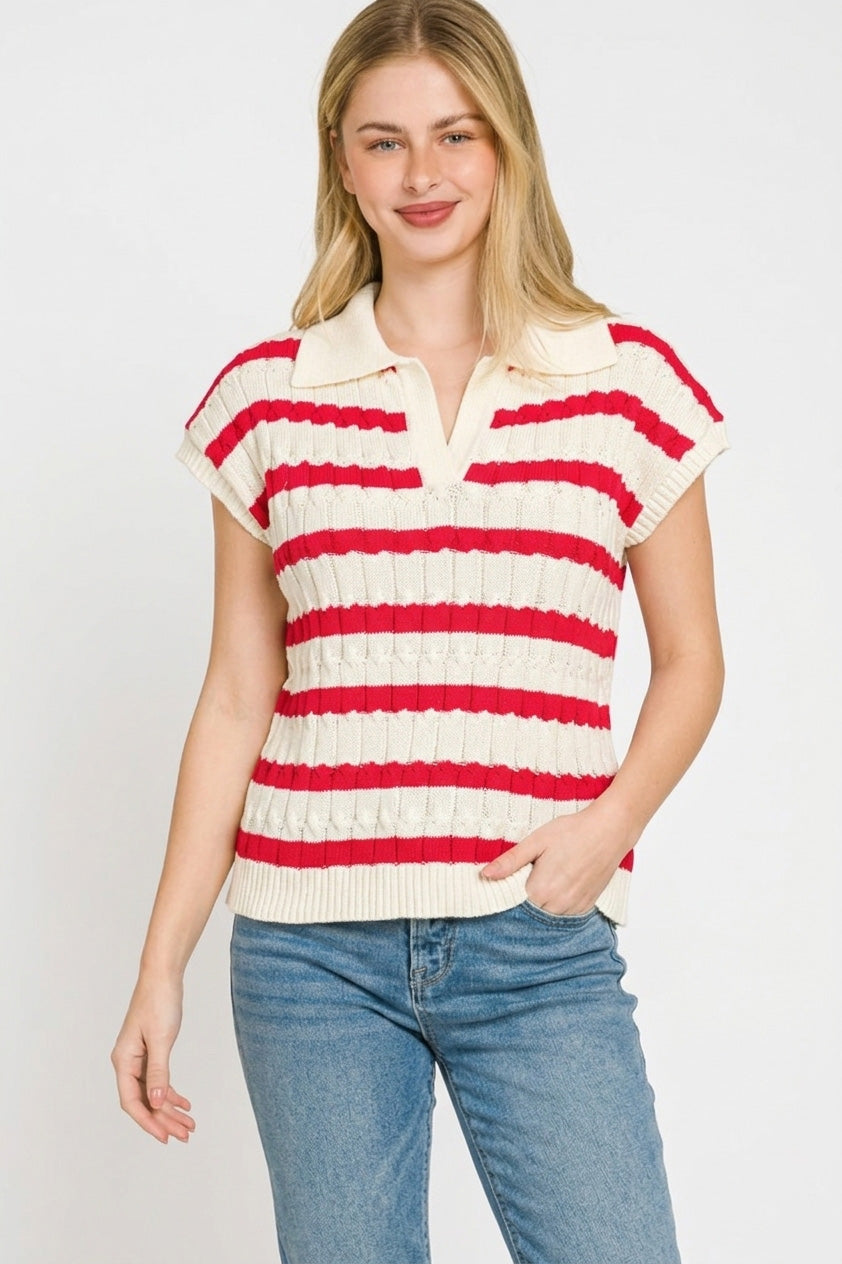 Zenana Textured Stripe Collared Sweater Vest
