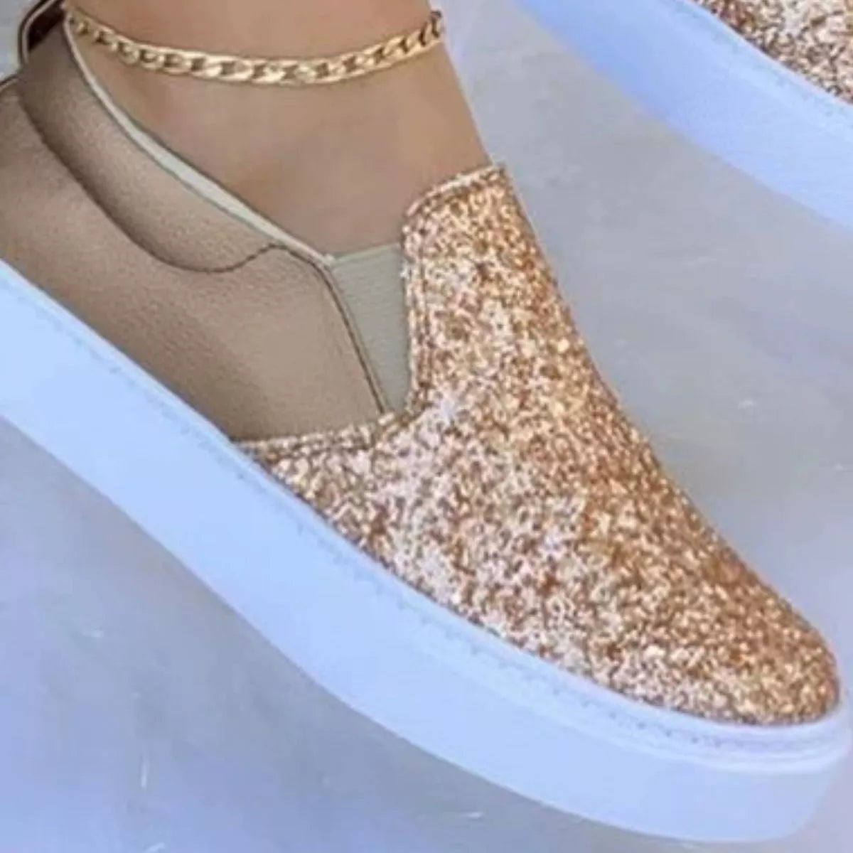 Sequin Round Toe Platform Slip-Ons