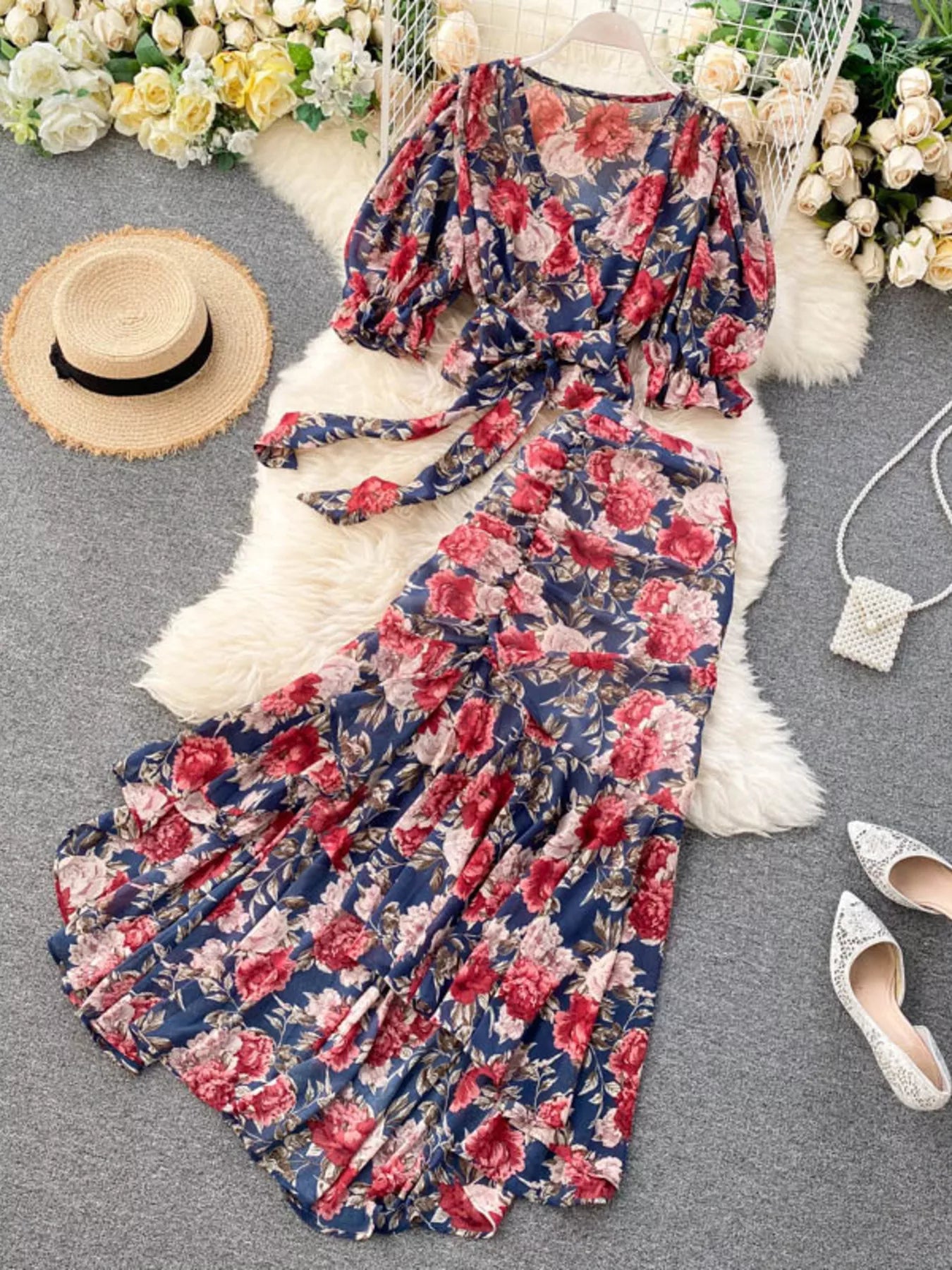 Floral Print Crop Top and Skirt Set