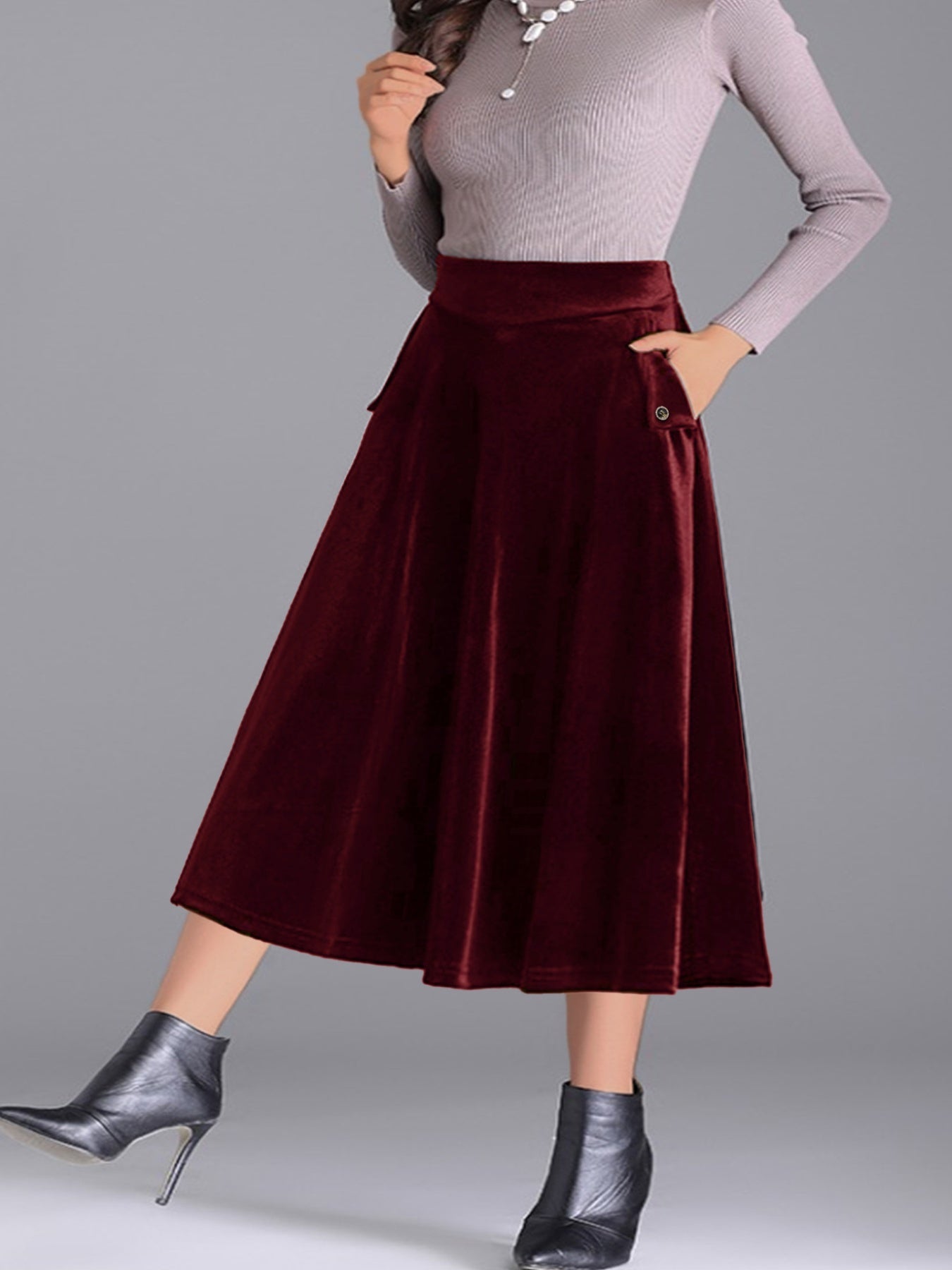 Plus Size Elegant Velvet A-Line Midi Skirt