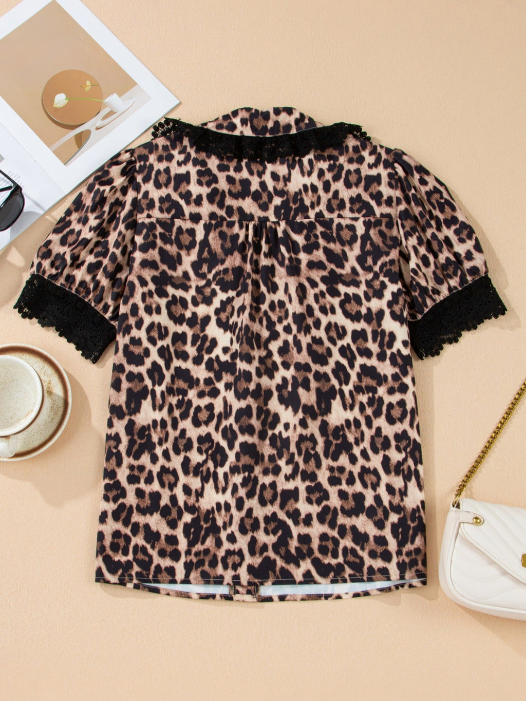 Leopard Print Lace Trim Short Sleeve Shirt