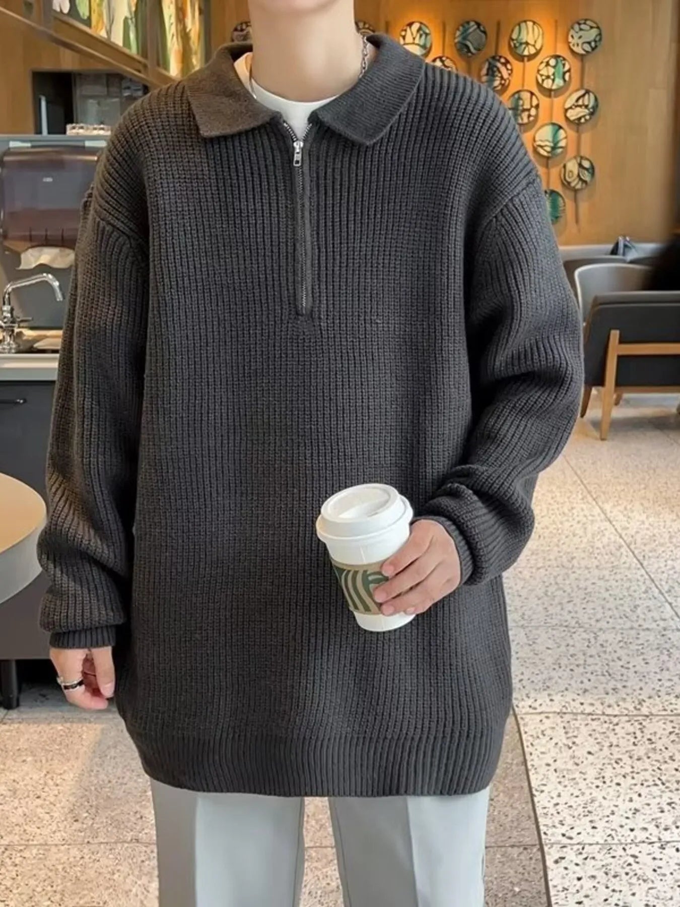 Men's Plus Size Quarter-Zip Collar Drop Shoulder Sweater
